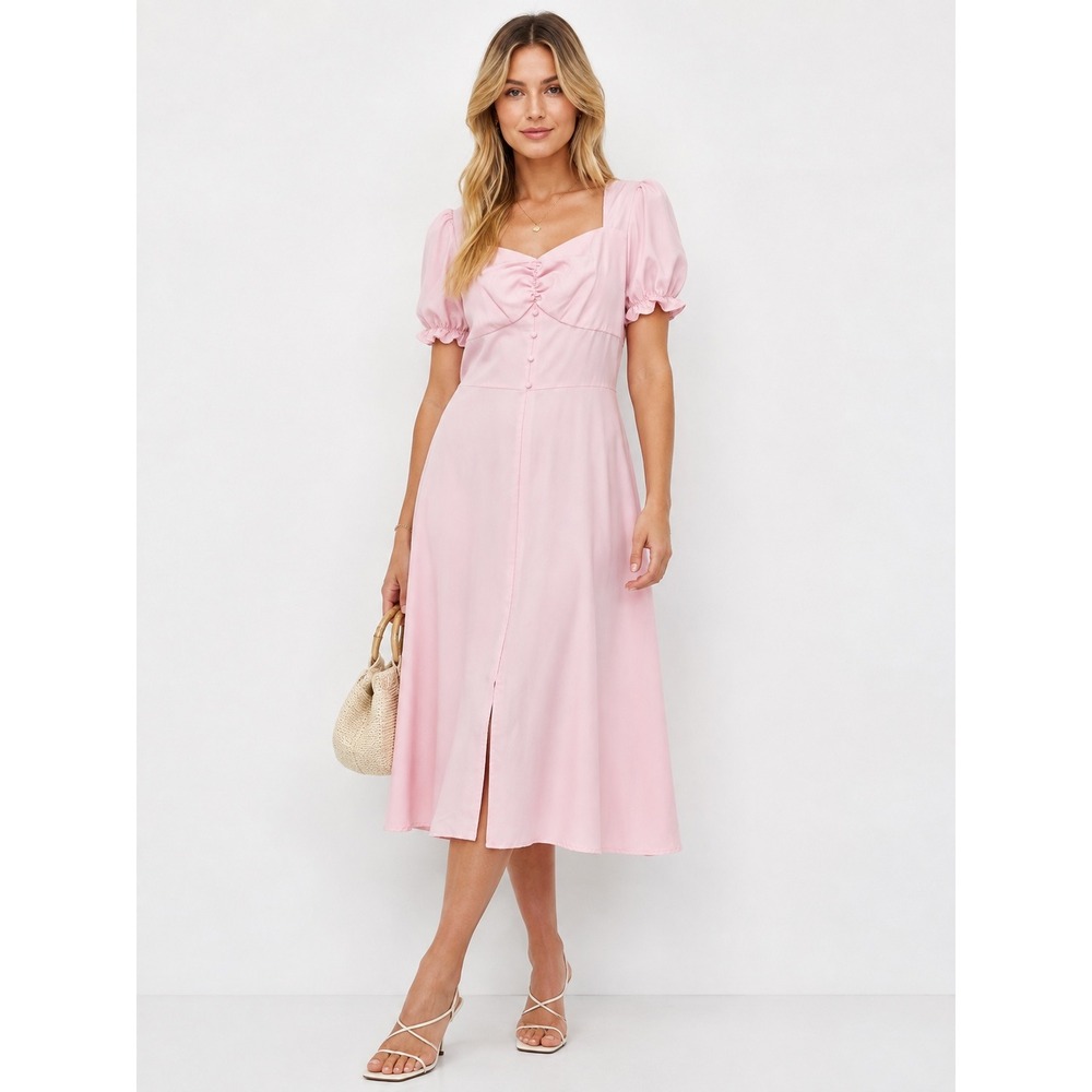 Belle Poque Retro Midi Dress Large Pink Puff Sleeve Smocked  Sweetheart Neck